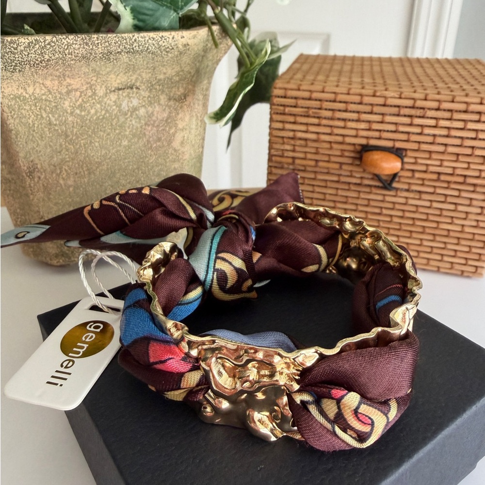 Gemelli Adjustable Gold Cuff Bracelet with Brown Twilly Scarf